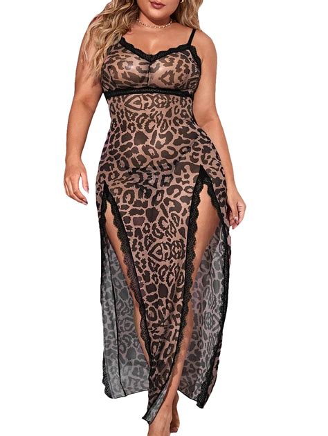 COZYEASE Women S Plus Piece Lingerie Set Leopard Lace Trim Split Thigh Mesh Babydoll Chemise