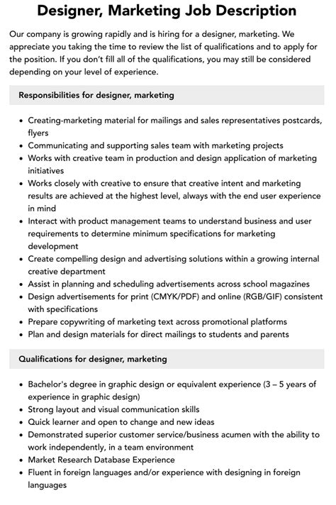 Designer Marketing Job Description Velvet Jobs