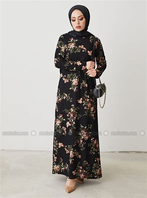 Patterned Modest Dress Black