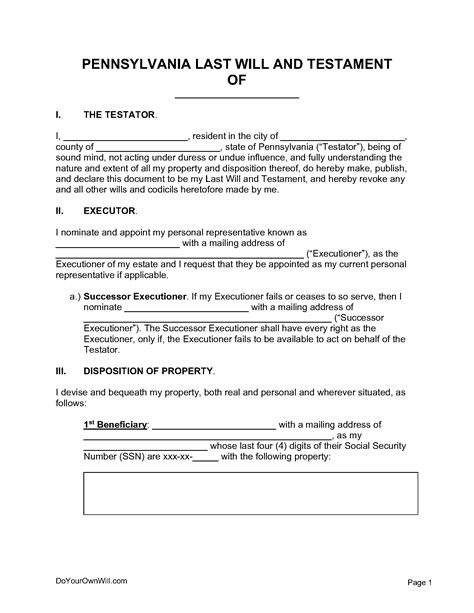 Free Pennsylvania Last Will And Testament Form Pdf Word Odt