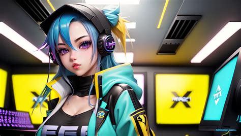 Hyper Cute Hacker Waifu Blue Hair Big Tits Yellow Jacke AI