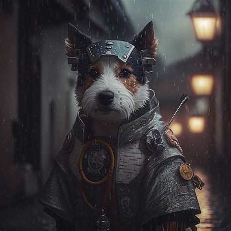 Un Perro Con Abrigo Y Espada Est Parado Bajo La Lluvia Foto Premium