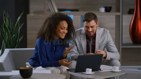 Two Diverse Employees Working Laptop Smiling Business People Video