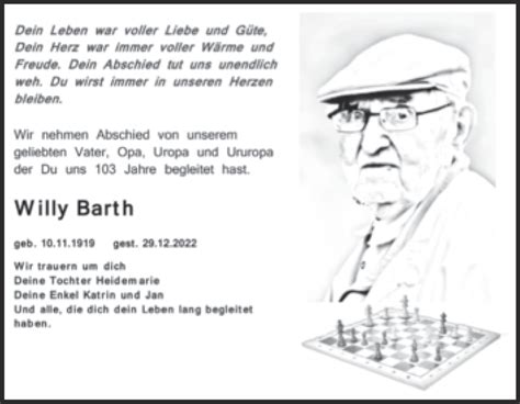 Traueranzeigen Von Willy Barth Abschied Nehmen De