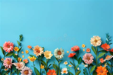 Spring Floral Border On Blue Background For Print Card Poster Or