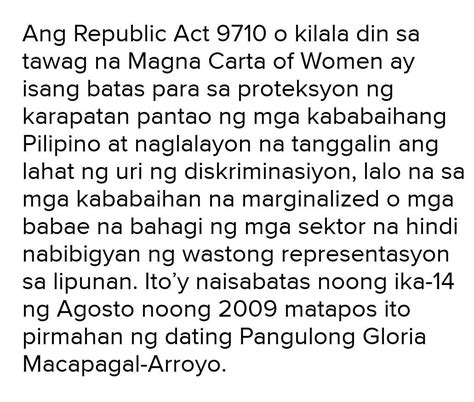 Ano Ang Pananaw At Tugon Mo Sa Batas Ra Magna Carta For Women