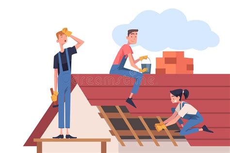 Roof Repair With People Construction Workers Characters Working Vector