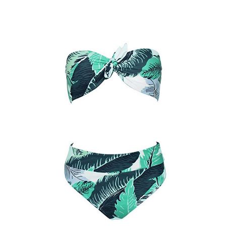 Sexy Women Strapless Push Up Padded Leaves Print Bra Bandage Bikini Set