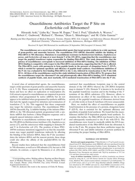 (PDF) Oxazolidinone Antibiotics Target the P Site on Escherichiacoli ...