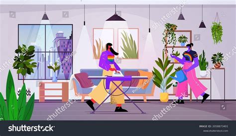 Lesbian Couple Ironing Clothes Watering Plants Stock Vector Royalty Free Shutterstock
