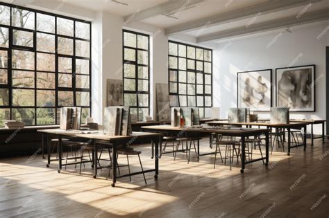 Premium Photo Empty Art Classroom With Tables And Chairs Modern White Classroom Interior With