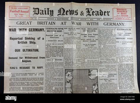 Replica Newspaper At The Start Of World War One The Front Page Of The