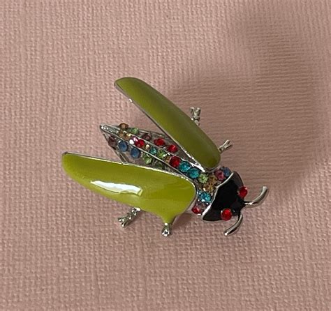 Rhinestone Green Beetle Pin Roach Brooch Multi Color Etsy