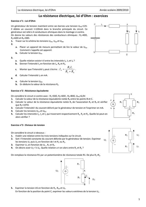 La R Sistance Lectrique Loi D Ohm Exercices