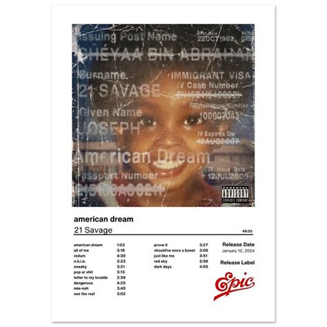 21 Savage American Dream Poster American Dream Album Cover Poster Tracklist Series - Etsy