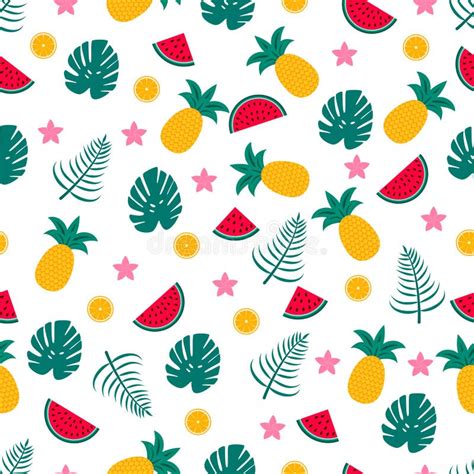 Summer Seamless Pattern With Watermelons Pineapples And Palm Leaves