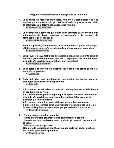 Preguntas Teoria Preguntas Examen Evaluaci N Proyectos De Inversi N