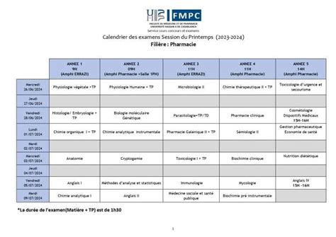 Filière Pharmacie Calendrier des examens Session du Printemps 2023