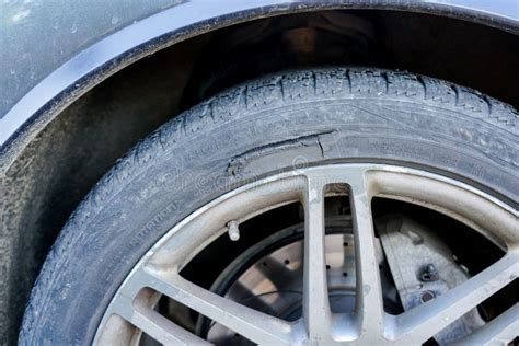 Large Long Mechanical Cut Damage On Tire Sidewall Stock Image Image