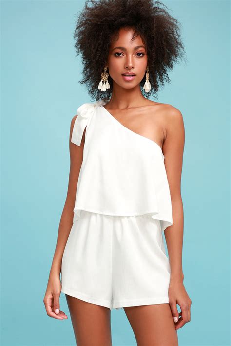 Chic White Romper One Shoulder Romper Tie Shoulder Romper Sleeveless Romper Lulus