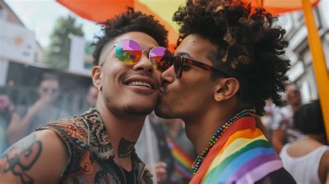 Premium Photo Gay Couple Kissing At A Pride Parade Eyes Closed Lips Touching Rainbow Symbols