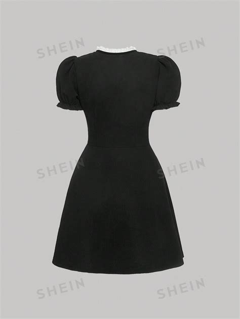 Shein Mod Vestido Con Encaje En Contraste De Cuello Con Cord N De Manga