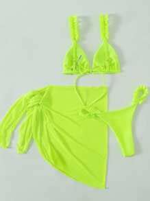 Pack Neon Lime Triangle Thong Bikini Swimsuit Beach Skirt Shein Usa