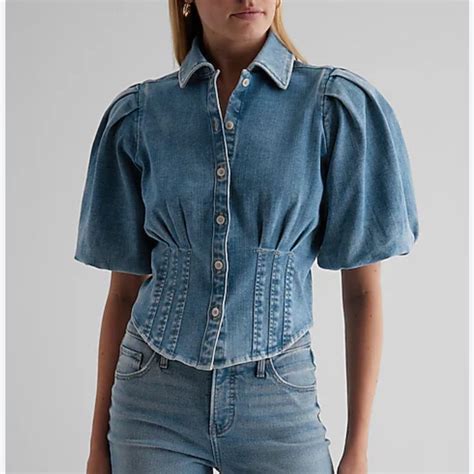 Nwt Express Denim Puff Sleeve Corset Shirt In 2024 Corset Shirt