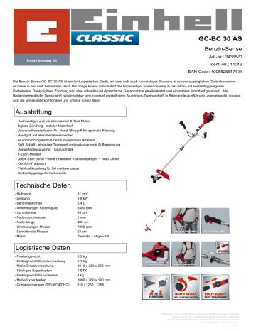 EINHELL GC BC 30 AS Petrol Scythe Produktdatenblatt Manualzz