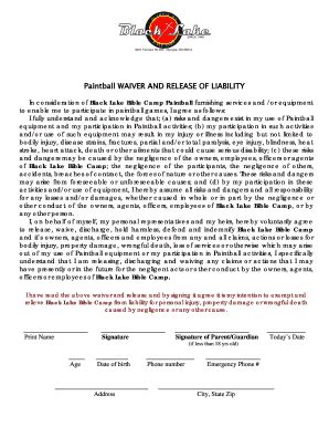 Fillable Online Paintball Waiver And Release Of Liability Black Lake