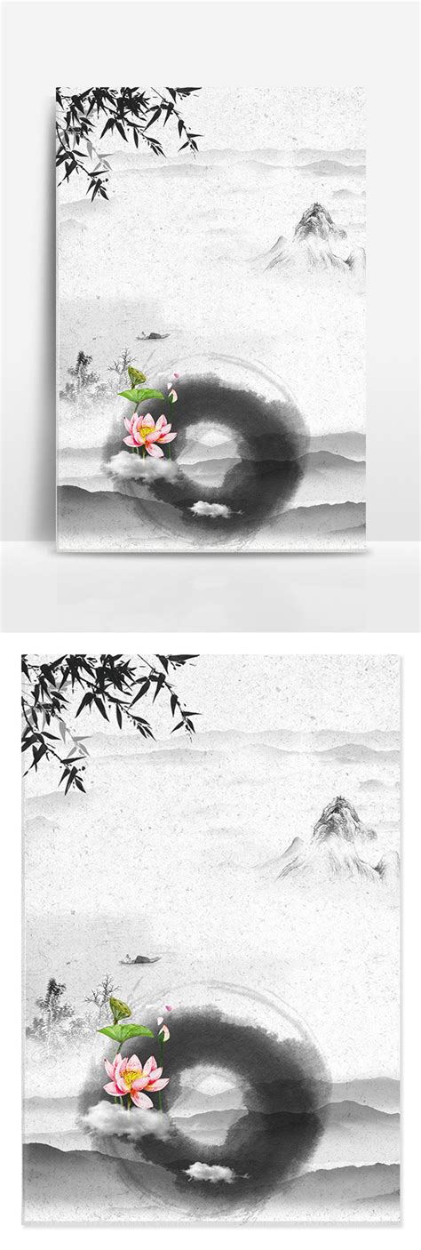 Chinese Style And Ink Landscape Painting Bamboo Lotus Background Psd