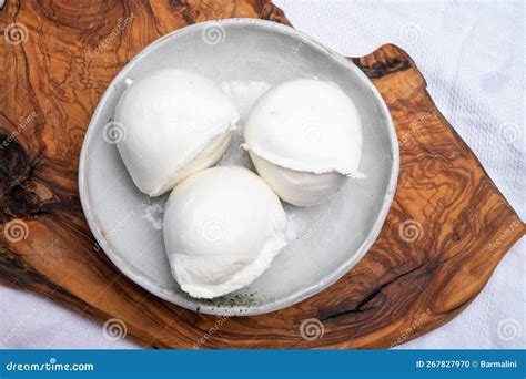 White Ball Of Italian Soft Cheese Mozzarella Di Bufala Campana Stock