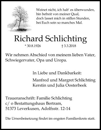 Traueranzeigen Von Richard Schlichting Wirtrauern