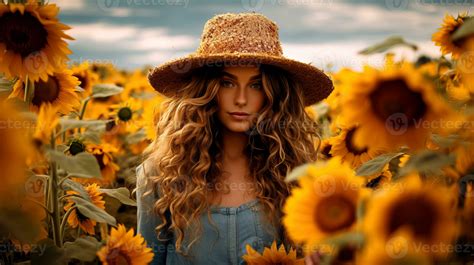 Portrait of a beautiful girl in a field of sunflowers. Beautiful young woman with sunflowers ...