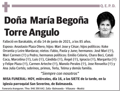 Mar A Bego A Torre Angulo Esquela Necrol Gica El Correo