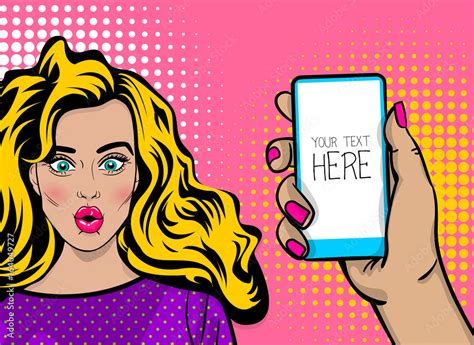 Beautiful Sexy Girl Long Blonde Hair Wow Face Open Mouth In Style Pop Art Hold Look Smart Phone