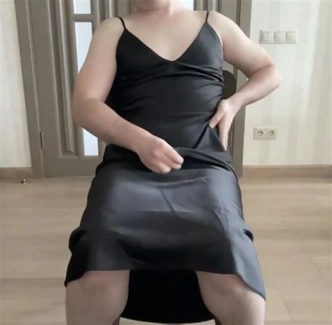 Black Satin Maxi Long Fetish Black Dress On Crossdresser Sissy Cuckold Bdsm Gay Jerking In A