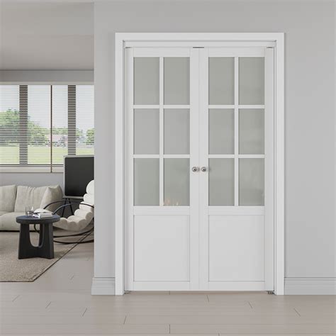 3-Lite Frosted Glass French Pivot Door with Hardware Kit, White | Jujubon