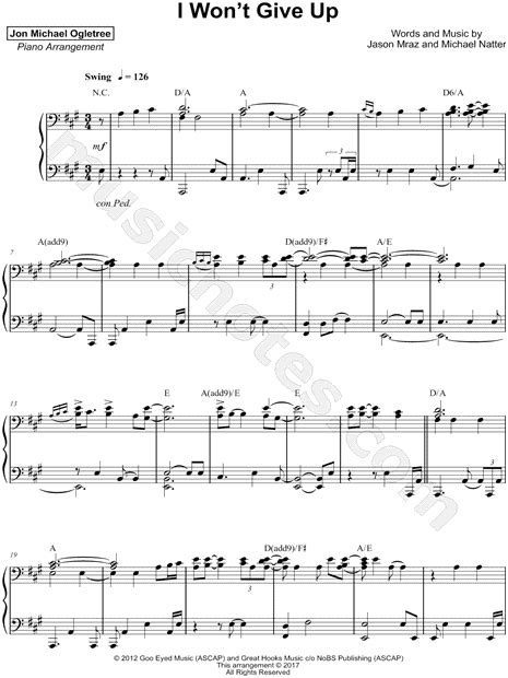 Jon Michael Ogletree I Wont Give Up Sheet Music Piano Solo In A Major Download And Print