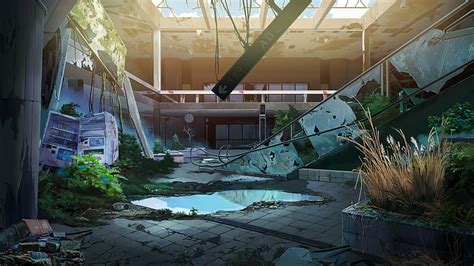 Hd Wallpaper Anime Original Abandoned Building Escalator Moss