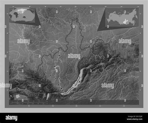 irkutsk region  russia grayscale elevation map  lakes  rivers locations  major