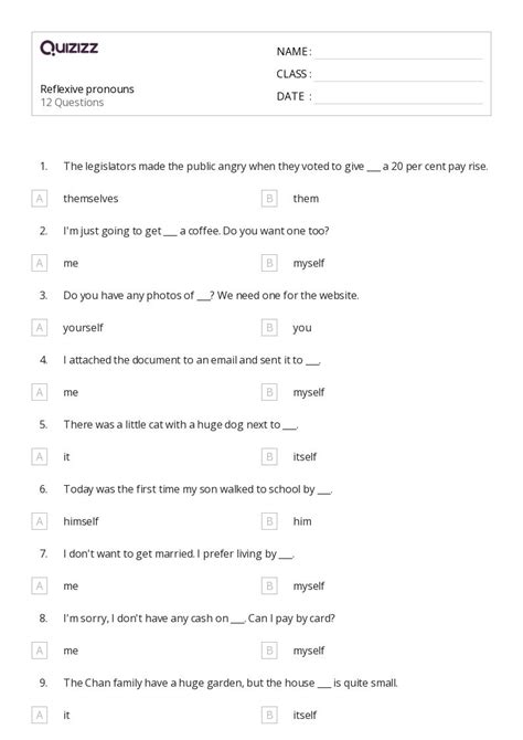 Reflexive Pronouns Worksheets For Th Class On Quizizz Free