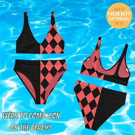 HARLEY QUINN Inspired COSPLAY Recycled High Waisted Bikini Swimsuit