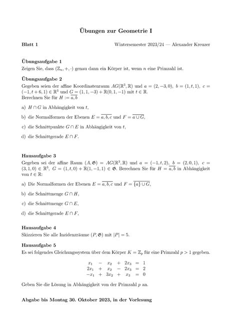 Blatt 1 Geometrie Ubungen Zur Geometrie I Blatt 1 Wintersemester