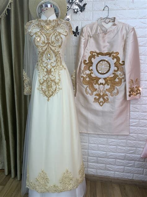 Traditional Vietnamese Wedding Ao Dai In Nude Cream With Beaded Lace Optional Head Piece Couple