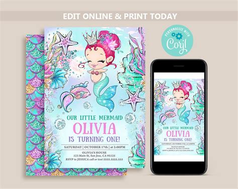 Mermaid Birthday Invitation Editable Mermaids Invite Under The Sea Birthday Party Pool Party