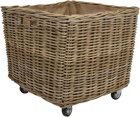 Wovenhill Kubu Rattan Large Square Log Basket With Wheels Handmade