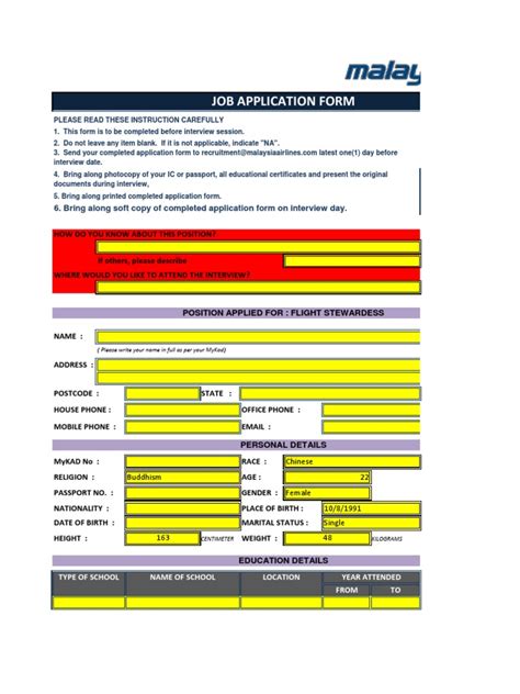 Cabin Crew Job Application Form Flight Attendant Government