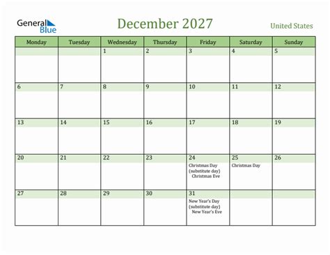 December 2027 United States Monthly Calendar With Holidays