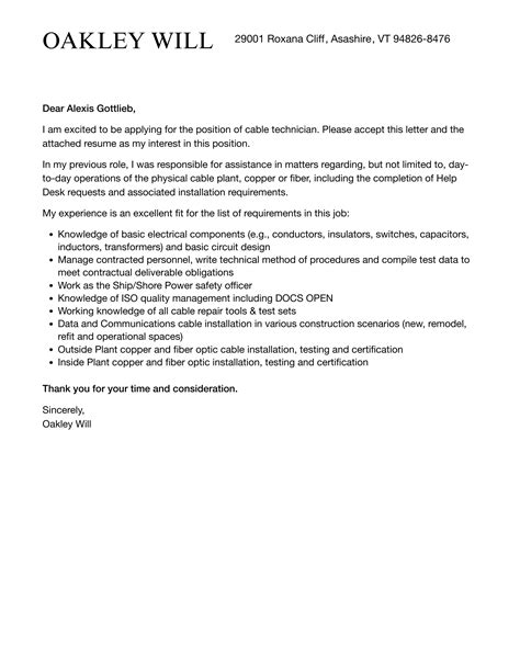 Cable Technician Cover Letter | Velvet Jobs